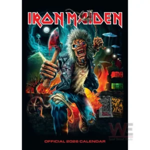Iron Maiden Band 2026 Wall Calendar 4 Illustrated character with a weapon in a fiery lightning filled scene under a bold title!