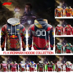 A collection of multicolored racing hoodies with armor like designs positioned before a scene featuring a bright chest lit armored figure!