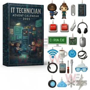 IT Technician advent calendar 2025 with miniature tech accessories and computer themed decorations.