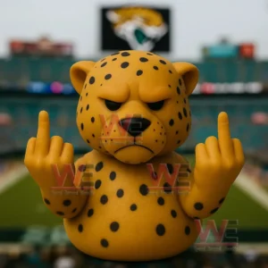 A toy jaguar character with a frown and spotted fur posed in a sports arena background expressing defiance or anger in a bold attitude.