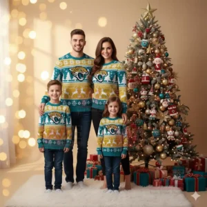 Jacksonville Jaguars NFL Christmas Ugly Sweater 2025 4 Family in matching teal and gold Jaguars Christmas sweaters standing beside a decorated Christmas tree with lights and presents!