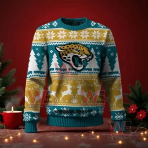 Jacksonville Jaguars NFL Christmas Ugly Sweater 2025 5 Teal and gold Christmas sweater with a jaguar head logo on the front and festive snowflake and reindeer designs!