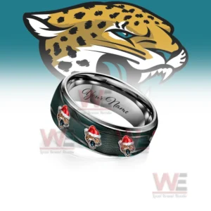 A green ring with repeating jaguar Santa motifs shown in front of a large illustrated jaguar face!