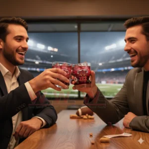 Two men toasting with red themed glasses at a table with a stadium in the background.