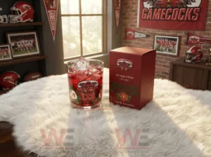 A red themed team glass with ice next to a matching decorative box displayed in a sports decorated room!