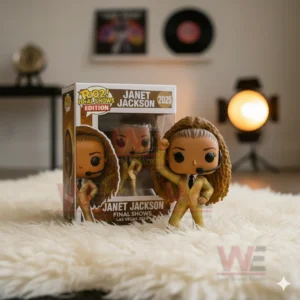 A collectible vinyl figure of Janet Jackson in a gold outfit standing beside its 2025 final shows edition box.