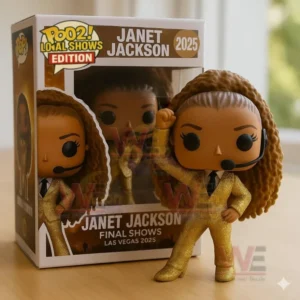 A close up of a Janet Jackson vinyl figure in gold suit beside its Las Vegas 2025 edition box.