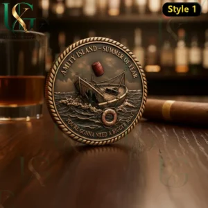 Amity Island themed coin showing fishing boat in stormy water with engraved quote and nautical details!
