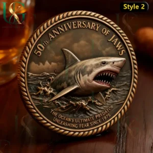 Jaws 50th anniversary coin showing detailed great white shark design with engraved commemorative text!
