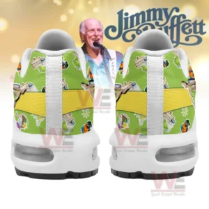 A back view of sneakers with tropical and beach-themed designs.