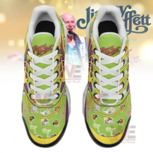 A top-down view of Jimmy Buffett-themed sneakers with tropical and beach-themed designs.