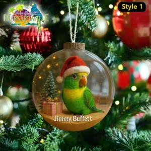 A Christmas ornament with a parrot in a Santa hat, surrounded by Christmas trees and presents, celebrating Jimmy Buffett's Margaritaville spirit.