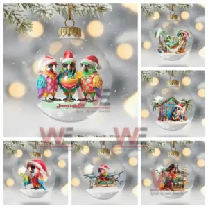 Clear Christmas ornaments filled with tropical parrots and festive island holiday scenes arranged in a collage!