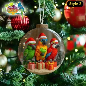 Jimmy Buffett Christmas Ornament 7 A festive Christmas ornament with three parrots in Santa hats and sunglasses, surrounded by gifts and a snowy background.