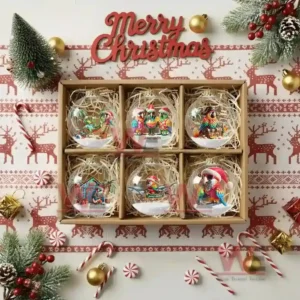 Gift box with six transparent ornaments each containing a tropical parrot holiday scene!