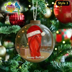 Jimmy Buffett Christmas Ornament 8 An ornament featuring red flip-flops with a Santa hat, surrounded by Christmas trees and gifts, celebrating Jimmy Buffett’s Margaritaville.