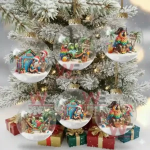 Snowy Christmas tree decorated with clear ornaments containing tropical parrot holiday scenes!