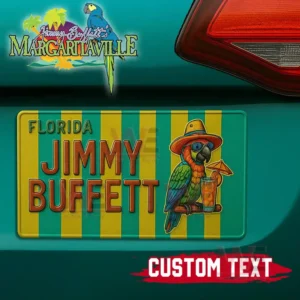 A tropical themed Jimmy Buffett license plate with bold stripes and a colorful parrot holding a drink on a teal car.