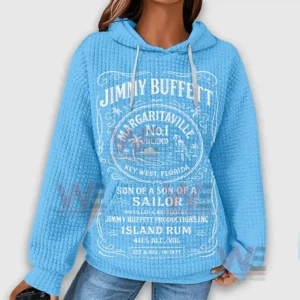 A blue hoodie with raised texture and white decorative text covering the front in an island themed layout!
