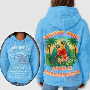 A light blue textured hoodie displayed from two angles with detailed text on the front and a colorful tropical scene on the back!