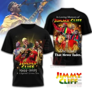 Black memorial shirt with multiple artist photos and glowing tribute text.