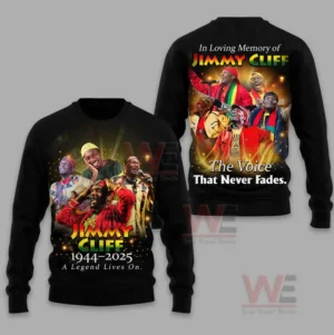 Black memorial sweater with artist collage on front and tribute message on back.