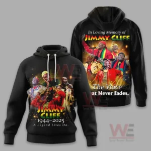 Black hoodie with artist images on front and bright memorial tribute on back.