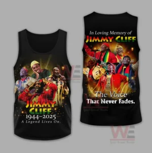Black tank top with artist collage on front and memorial themed graphic on back.