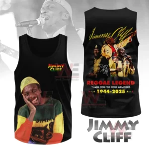 Black tank top with artist portrait on front and memorial collage on back.