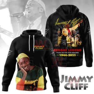Black hoodie with artist portrait on front and tribute artwork on back.