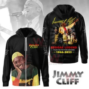 Black zip hoodie with artist portrait on front and memorial collage on back.