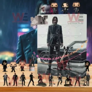 An advent calendar inspired by John Wick containing mini character figurines and accessories displayed in front of a cinematic background.