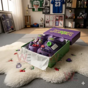 Alt text: Joker-themed crocs in a box with charms like Joker face, cherries, and a toy car.