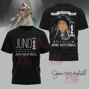 A black shirt and hoodie with a graphic of Joni Mitchell receiving the Juno Award Lifetime Achievement Award, with her name and the award text displayed.