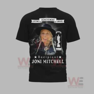 A black shirt featuring a portrait of Joni Mitchell with the Lifetime Achievement Award text on the back.