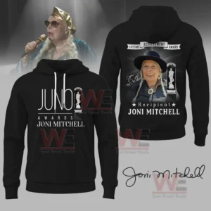 A black hoodie with a graphic design of Joni Mitchell receiving the Juno Award, including her signature and the award details.