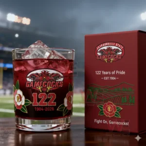 A red team themed glass with ice next to a matching box on a table with a stadium behind it!