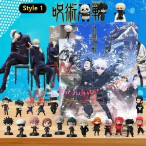 An image of a Jujutsu Kaisen Style 1 advent calendar set with Tokyo Jujutsu High characters and collectible chibi figures placed in front of the calendar box!