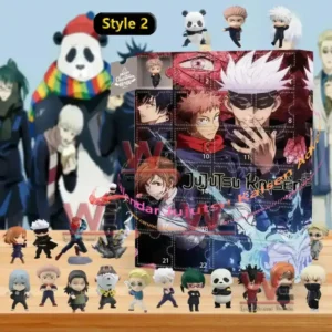 A vibrant Jujutsu Kaisen Style 2 advent calendar with popular characters and small collectible figures and accessories displayed on a table!