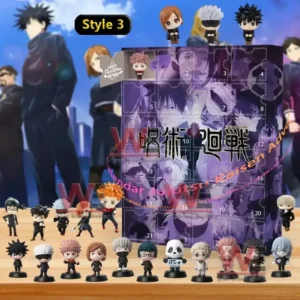 A detailed Jujutsu Kaisen Style 3 advent calendar with purple artwork and collectible mini figures from the anime displayed below!