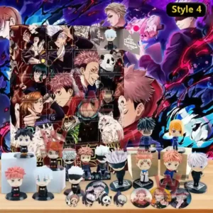 A comprehensive Jujutsu Kaisen Style 4 advent calendar showing the main cast with collectible mini figures and accessories arranged neatly in front of the box!