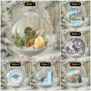 Six dinosaur themed Christmas ornaments displayed in a compartment box on a festive table.