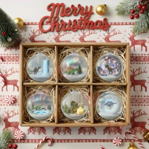 Dinosaur ornament with icy blue waterfall inside a clear hanging sphere.