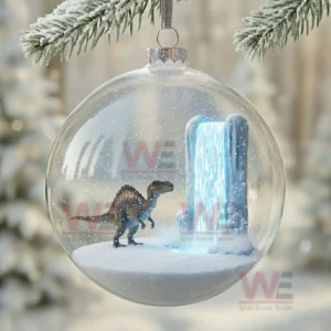 Green dinosaur and Christmas tree inside a clear ornament with glowing lights.