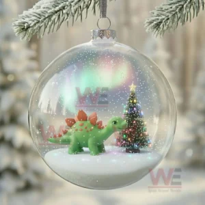 Boxed set of six dinosaur themed winter ornaments arranged for display.