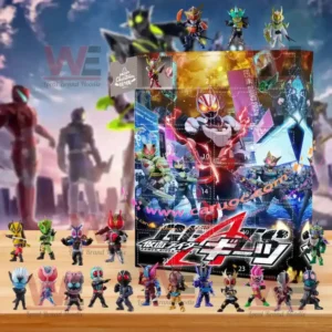 An advent calendar inspired by Kamen Rider containing miniature character figurines placed on a table with a dynamic action background.