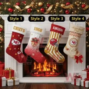 Alt text: Four Kansas City Chiefs themed Christmas stockings labeled Style 1 to Style 4 hanging from a fireplace.