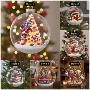 Kansas City Chiefs Christmas ornaments inside clear glass balls decorated with snow lights and miniature holiday figures!