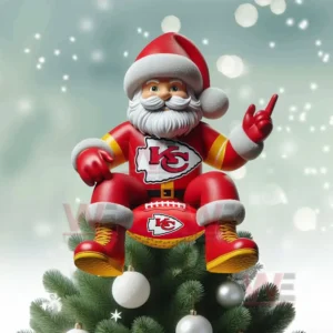Kansas City Chiefs Santa Claus sitting on top of a decorated Christmas tree.