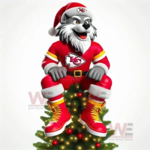 Kansas City Chiefs wolf mascot in red Santa outfit sitting on glowing Christmas tree.